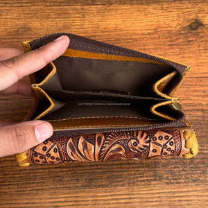 Real Western Designer Hand Tooled Leather Women Clutches Stylish Purse Hot Selling Real Cowhide Leather Slim Card Holder <b>Wallets</b> - Product Image 5