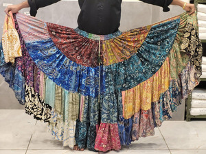 Falda de seda estilo sari para mujer, amplia, acampanada, bohemia, con patchwork, hasta el tobillo, transpirable, con grandes capas redondas, para danza del vientre - Product Image 4