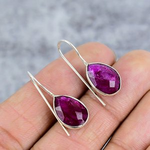 925 <b>Sterling</b> <b>Silver</b> Women's Ruby Dyed Gemstone Earrings with <b>Silver</b> Hook-Trendy Engagement Gift for Party & Everyday Wear - Product Image 2