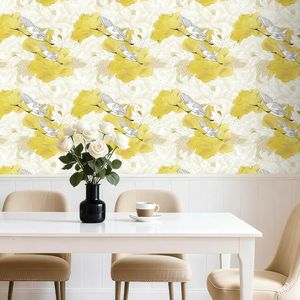 Papel Tapiz Vintage con Diseño Floral y de Aves, 17.5x120 Pulgadas, Papel Tapiz Autoadhesivo Traditi Crane en Blanco y Amarillo para Baño y Dormitorio - Product Image 5