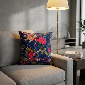 Navy <b>Blue</b> Velvet Cushion Cover with Bird and Floral Print Decorative <b>Throw</b> Pillow for Sofa Bedroom and Home Decor - Product Image 3