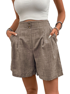 Shorts en lin beige taille haute plissés à l'avant avec fermeture boutonnée, style décontracté d'été pour homme, légers et respirants - Product Image 4