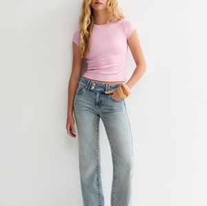 Women's Pink <b>Cropped</b> T-Shirt Slim Fit Crew Neck Short Sleeve Casual Summer Knitted <b>Top</b> Solid Color Breathable Spandex Cotton - Product Image 2