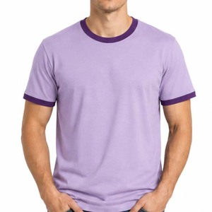 T-shirt violet à col rond pour homme, coupe classique, en jersey de coton, couleur unie, avec bordure contrastante - Product Image 6