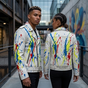 Custom Mens Cowhide Hair On Leather Biker <b>Jacket</b> Wholesale Paint Splatter White Streetwear Moto Outerwear Supplier Manufacturer - Product Image 5