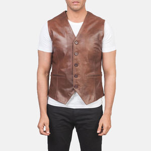 Gilet en cuir véritable pour homme, décontracté, à boutonnage simple, couleur unie, vêtement d'extérieur d'automne, sans col - Product Image 5
