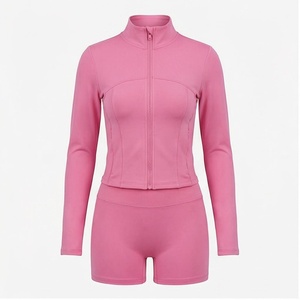 Pink 2 Piece Yoga Set Full Sleeve <b>Zipper</b> Front Crop <b>Top</b> High Waist Shorts Solid Color Breathable Sportswear Women's Activewear - Product Image 1