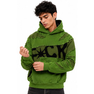Oversized Green Hooded Sweatshirt With <b>Black</b> Print Streetwear Design Men's Cotton French Terry Autumn Wear Pocket Front Logo - Product Image 3