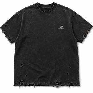 T-shirt noir surdimensionné pour homme WARPRO, manches courtes, coton, streetwear, col rond, design délavé et usé - Product Image 4