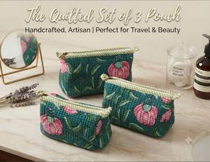 Juego de 3 Bolsas Acolchadas de Lujo Personalizadas, Bolsa de Aseo de Algodón Jaipur con Estampado de Bloques, Organizador de Maquillaje, Estuche de Cosméticos, Kit de Viaje para Mujer - Product Image 1
