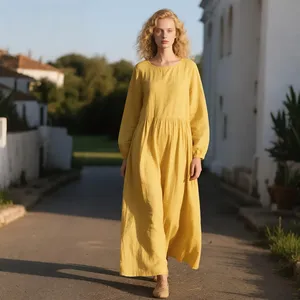 Robe longue bohème en coton pour femme, coupe ample, manches longues, couleur unie, taille froncée, décontractée - Product Image 1