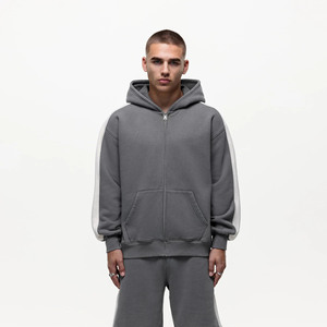 Hoodie boxy à double fermeture éclair personnalisé en mélange de coton épais 450 g/m² – Hoodie court en molleton bouclette pour homme avec fermeture éclair - Product Image 3