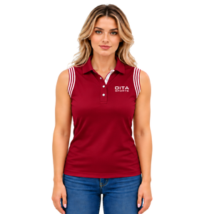 Polo sin mangas color rojo vino para mujer, corte ajustado, con cuello de parche, para equitación y entrenamiento, personalizado, al por mayor, de alto rendimiento. - Product Image 1