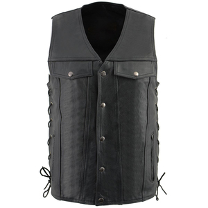 <b>Men's</b> Black Genuine Leather Motorcycle <b>Vest</b> – Classic Biker Style Sleeveless Jacket with Snap Button Closure Adjustable Side - Product Image 5