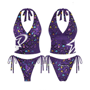 Maillot de bain femme en nylon spandex premium 220 GSM, violet, design sans couture, logo personnalisé par transfert thermique, coupe extensible. - Product Image 4