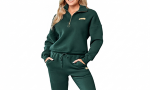 Ensemble de survêtement 2 pièces respirant 100 % coton pour femme avec pull demi-zip et pantalon de jogging pour l'automne - Product Image 3