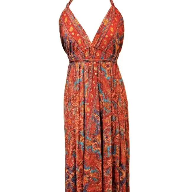 2024 vendeur chaud robes de créateurs à la mode pour femmes Boho Gypsy pleine longueur Maxi Infinity licou Maxi robe en Orange imprimé partout