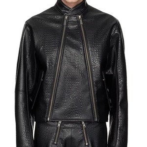 Blouson moto homme en cuir de vachette noir gaufré croco, respirant, col montant, fermeture éclair avant, coupe ajustée, style motard automne - Product Image 5