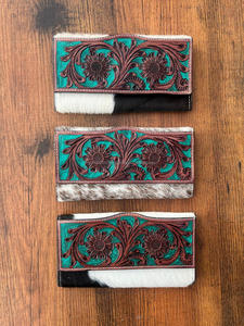 Portefeuille en cuir de vachette noir Western et porte-monnaie en cuir véritable fleuri pour femmes pochette de carte de crédit - Product Image 2