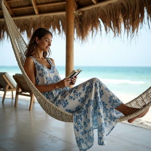 Sin mangas estilo bohemio Maxi verano ropa casual blanco azul vid estampado vestido de algodón para las mujeres - Product Image 6