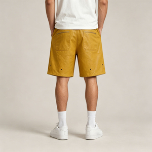 Men's Yellow PU Coated Bermuda <b>Shorts</b> Mid Waist Drawstring Casual Style With Zippers Breathable Fabric - Product Image 2