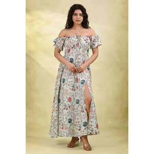 เดรสยาวพิมพ์ลายแขนพองทรงปล่อยชายกระโปรงยาวถึงพื้น ผ้าฝ้าย 100% เป็นมิตรต่อสิ่งแวดล้อม ซักได้ น้ำหนักเบา เหมาะสำหรับฤดูร้อน เอวทรงธรรมชาติ สำหรับผู้หญิง - Product Image 5