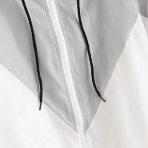 Unisex Hooded Color Blocking Windbreaker <b>Jacket</b> Breathable <b>Lightweight</b> <b>Summer</b> Casual Zipper Front Loose Fit White Gray Polyester - Product Image 4