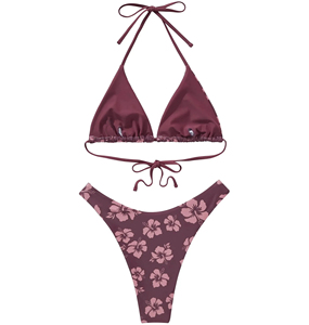 Ensemble bikini imprimé floral pour femmes, haut à bretelles violet avec bas à cordon de serrage, maillot de bain deux pièces - Product Image 4
