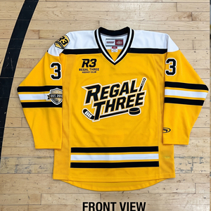 Regal Three Men's V-Neck Ice Hockey Jersey Custom Sublimated Yellow Black White Jerseys Unisex Long Sleeve Ice Hockey Jersey - Product Image 1