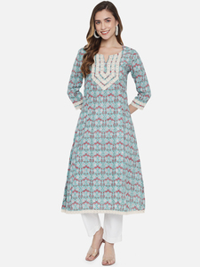 Ensemble Kurti vintage en coton à imprimé floral pour femme, col en V, manches trois quarts, robe longue trapèze avec broderie en dentelle - Product Image 5