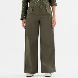Nouveautés - Pantalon élégant vert olive à double boutonnage et taille haute pour femme - Parfait pour les looks décontractés et semi-formels - Product Image 1