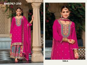 ชุดคุณภาพพรีเมียม ผ้าไหมชิโนนเนื้อหนาสวยงาม พร้อมกางเกงพลลาโซและผ้าคลุมไหล่ ปักลายด้วยงานปักเลื่อม ผู้จัดจำหน่ายจากอินเดีย - Product Image 5