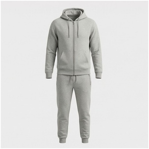 Conjunto Deportivo Gris con Capucha para Hombre, Manga Larga, Cierre Frontal con Cremallera, Color Sólido, Transpirable, Corte Regular, Ropa Casual de Otoño - Product Image 1