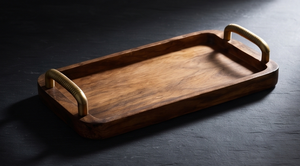 Plateau de service rectangulaire artisanal en bois de manguier, plateau décoratif avec bord droit et quincaillerie dorée - Product Image 3
