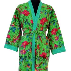 Veste d'hiver Kantha faite à la main avec imprimé floral Style japonais Boho cravate ceinture manteau Kantha Varsity veste en grande taille - Product Image 1