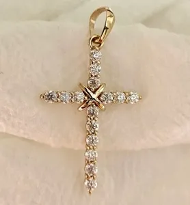 <b>Solid</b> 14K Yellow <b>Gold</b> Moissanite Cross Wedding <b>Pendant</b> VVS1 Round Cut 1.20 Carat Luxury Religious Necklace - Product Image 3