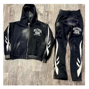 Conjunto de Sudadera con Capucha y Pantalones Acampanados para Hombre, de Forro Polar, 100% Algodón, Transpirable, con Efecto Desgastado por el Sol, con Cremallera, ODM, Primavera - Product Image 3