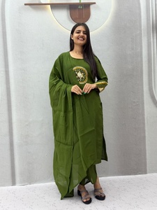 Ensemble Kurti et pantalon pour femme, tenue de soirée décontractée, longueur ras du sol, infroissable, toutes saisons, en soie romaine pure épaisse, avec broderie miroir artisanale - Product Image 1