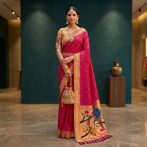 Sari en soie Pethani avec broderies Zari de paons et de fleurs, tenue traditionnelle de mariage pour femmes, style indien - Product Image 4