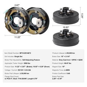 5 sobre 4.5 pulgadas B.C. Kits de tambor de eje de remolque eléctricos de 10 x 2-1/4 pulgadas con conjunto de frenos de camión de eje autoajustable de 3500 lb - Product Image 5