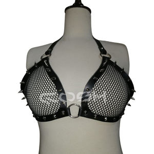 Neon Orange Fishnet Spiked Halter Bra With Black Leather Trimmed Mesh Bralette with Punk Spikes & O-Rings - Product Image 3