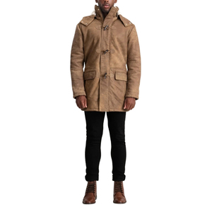 <b>Men's</b> Brown Genuine Leather Shearling Toggle <b>Coat</b> Thick Winter <b>Hooded</b> Long Parka - Product Image 1