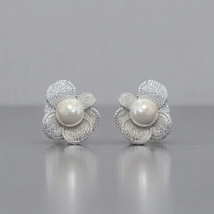 Flower <b>Stud</b> Earrings With Freshwater Pearl 925 <b>Silver</b> Micro Pave Diamond Classic Women Wedding Jewelry - Product Image 1