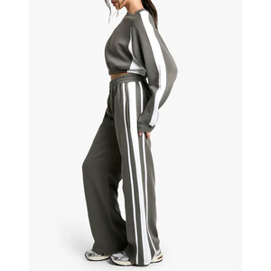 Conjunto Deportivo Gris a Rayas para Mujer, Manga Larga, Cuello Redondo, Corte Holgado, Informal, para Otoño, Transpirable, Material de Poliéster, Bolsillos Laterales - Product Image 3
