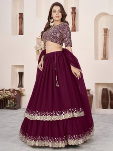 Burgundy Georgette Lehenga Choli Set Zari <b>Sequin</b> Embroidered <b>Flared</b> Skirt and Crop Top for Wedding Party - Product Image 2