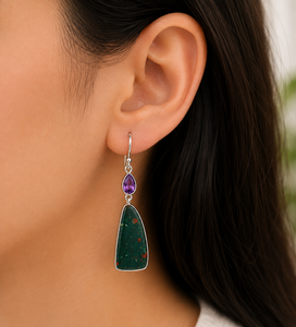 Natural Noreena Natural Bloodstone Amethyst Solid Sterling Silver Bohemia Water Drop <b>Dangle</b> <b>Earrings</b> Bezel Set Gemstone Drops - Product Image 4