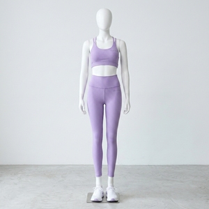 Conjunto de yoga acanalado sólido para mujer: Sujetador deportivo de doble tirante y leggings de cintura media para gimnasio, fitness y entrenamiento. Conjunto de dos piezas. - Product Image 1