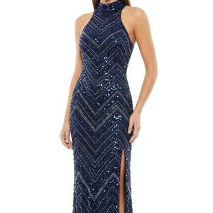 Robe de soirée sirène longue à col montant sans manches avec broderie personnalisée, robe de soirée de mariage ou de fête à sequins, fabrication OEM - Product Image 1