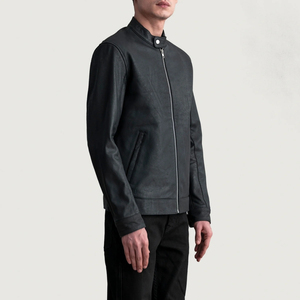 Chaqueta de Motociclista de Cuero Genuino Negro para Hombre, Cuello Alto, Cierre de Cremallera, Corte Regular, para Otoño - Product Image 2