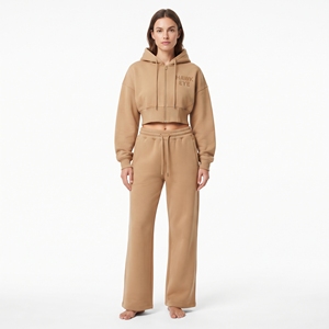 Ensemble décontracté deux pièces pour femme : sweat à capuche court beige à épaules tombantes et fermeture éclair intégrale, et pantalon de jogging large à manches longues avec cordon de serrage - Product Image 1
